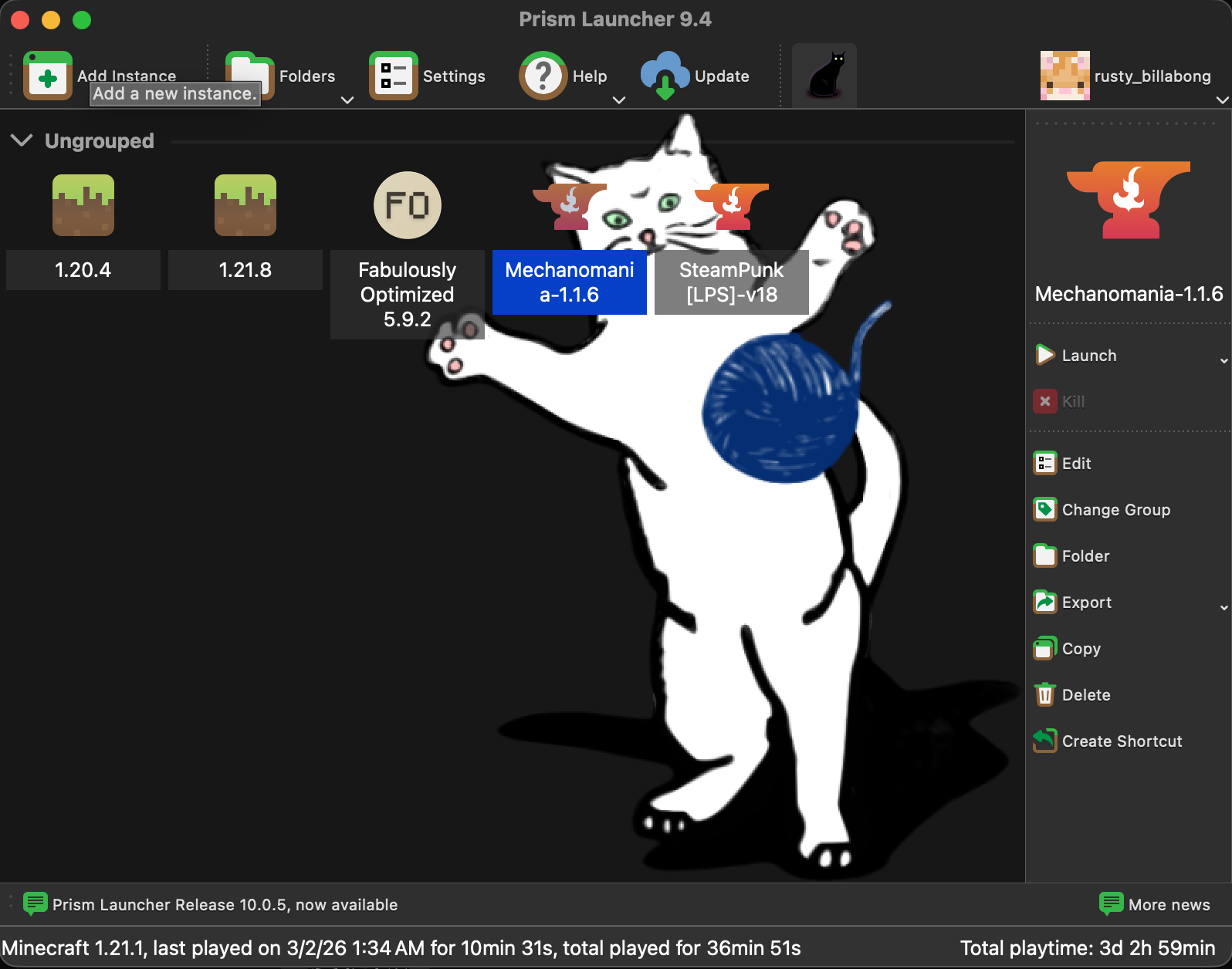 Prism Launcher main window — click Add Instance in the top-left